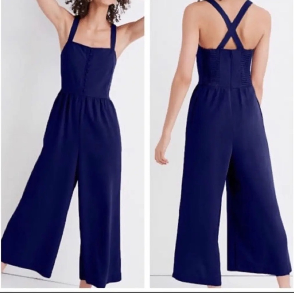 Madewell Navy Blue Cropped Wide Leg Smocked Jumpsuit